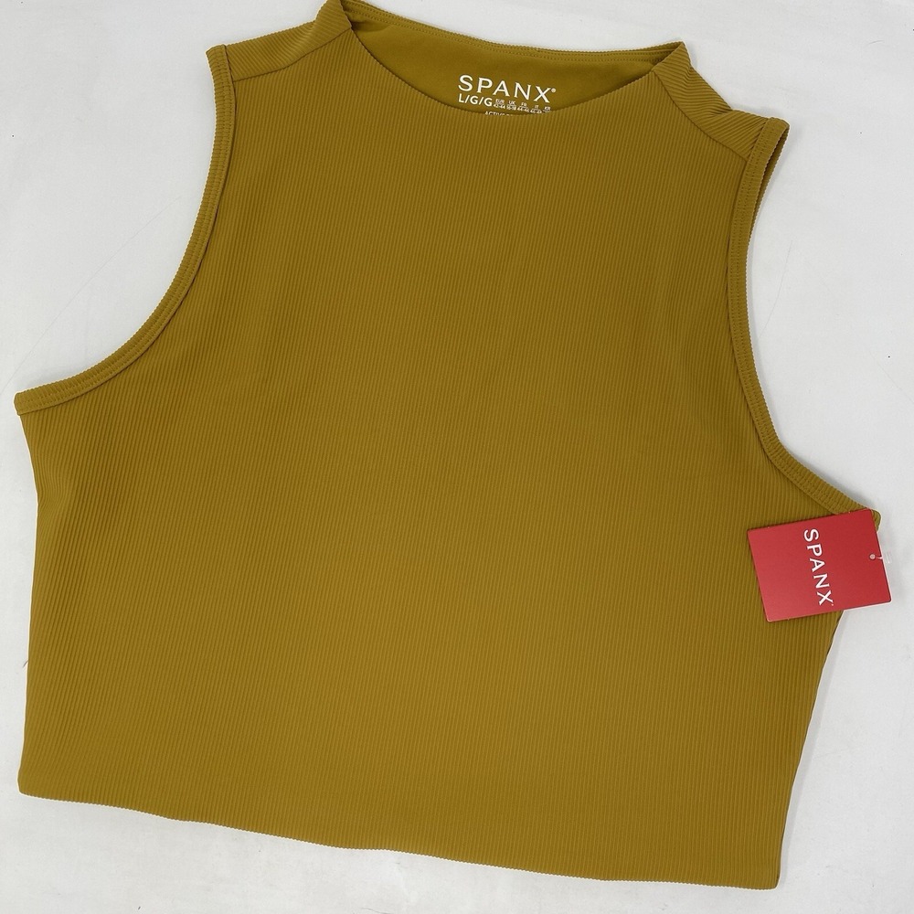 Spanx Contour Rib Mock Neck Crop Top Womens Large Honey Mustard 50510R NEW